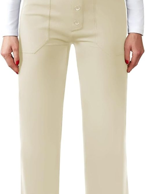 Women Casual High Waist Straight Leg Pants Stretchy Button Business Dress Work Pocket Trousers