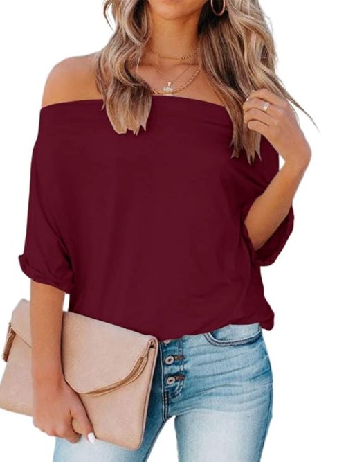 Women Off Shoulder Tops Casual Cropped Bat Sleeve Summer Loose T-Shirt Tunic Tops
