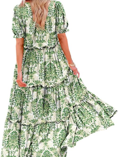 Summer Casual Floral Dresses for Women Puff Short Sleeve Long Maxi Dress with Pockets