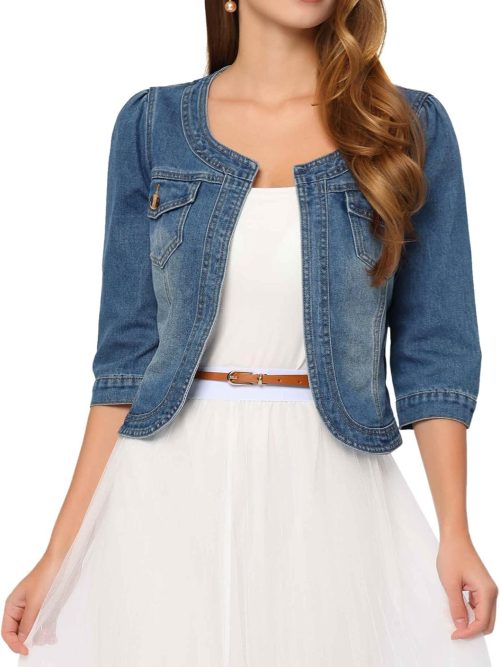 Denim Jacket for Women Collarless Cardigan 3/4 Sleeve Crop Jean Jackets