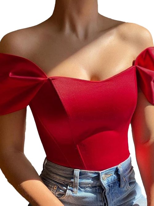 Women’s Off Shoulder Corset Top Short Sleeve Satin Silk Bustier Crop Top Bodycon Slim Fit Fashion T-Shirt