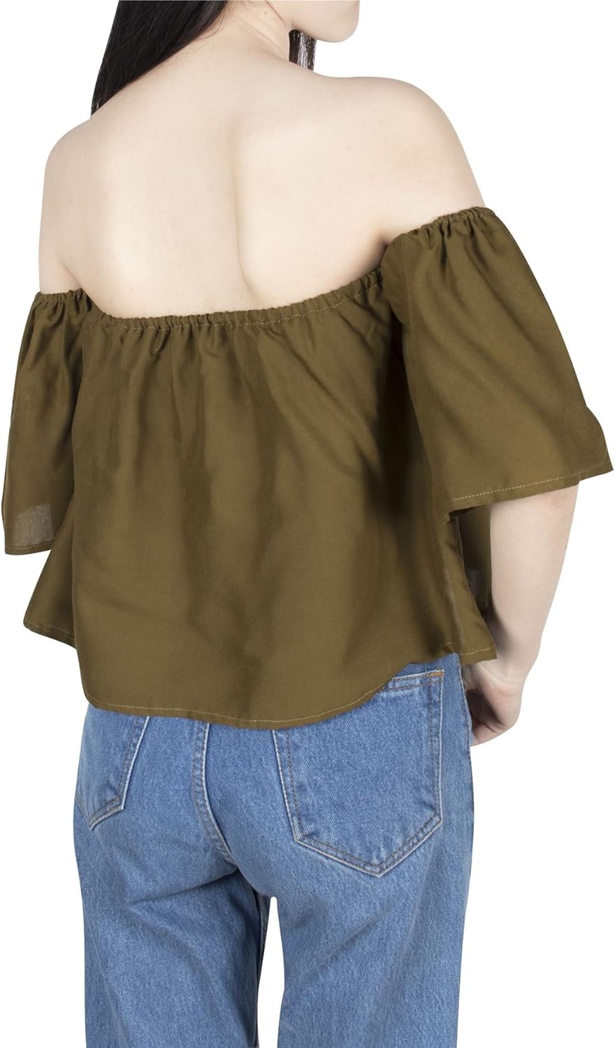 Women Off Shoulder Blouses Short Sleeve Sexy Tops Ruffle Casual T Shirt Ladies Fashion Loose Fit Chiffon Crop Tops Cute Casual Pleated - Green #28 - Image 2