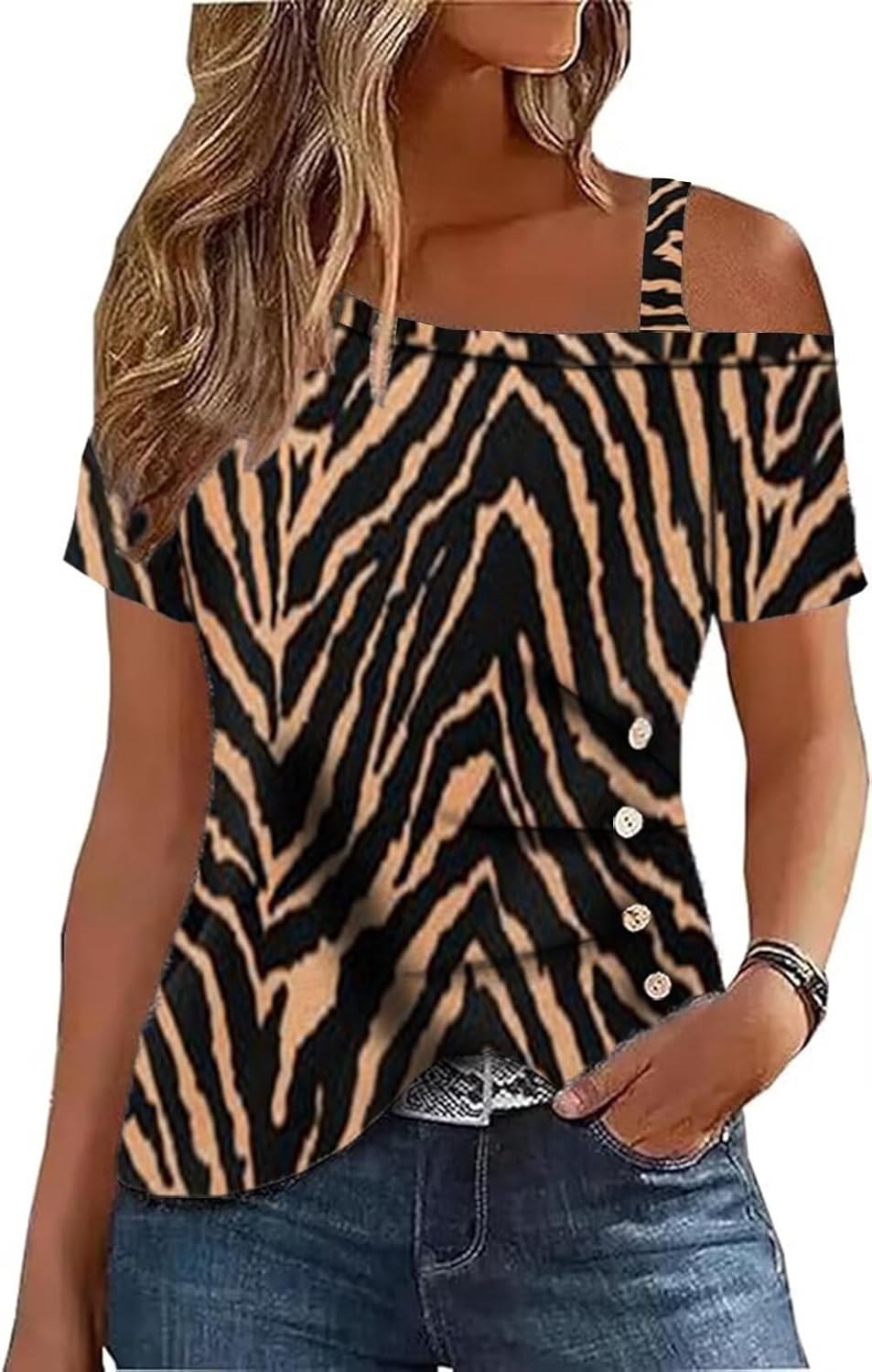 Cold Shoulder Shirts Women Short Sleeve One Sided Button Ruched Blouse T-Shirt Summer Casual Vacation Tunic Tee Top