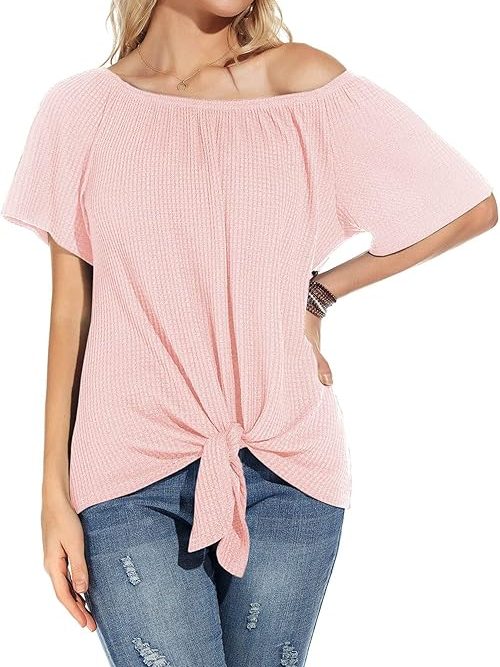 Women Waffle Top Off Shoulder Casual Short Sleeve Shirt Summer Knot Top, Pink, Medium