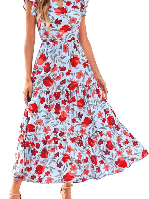 Women  Summer Floral Midi Dress Cap Sleeve V Neck Ruffle Long Flowy  Casual Beach Vacation Dresses